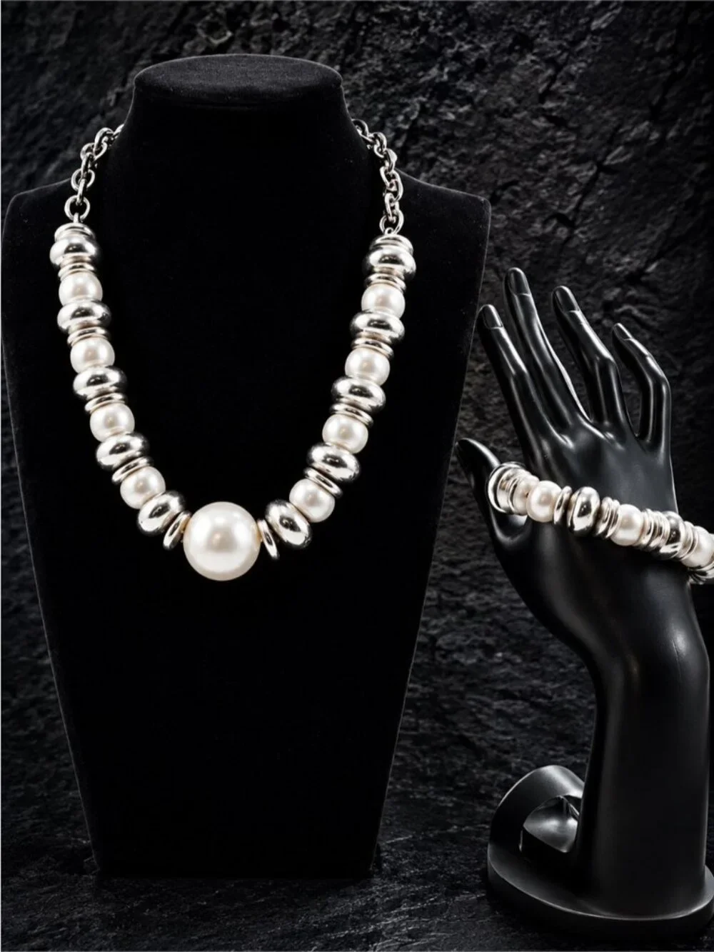 Silver tone and Pearl accent Statement Necklace & Bracelet Set